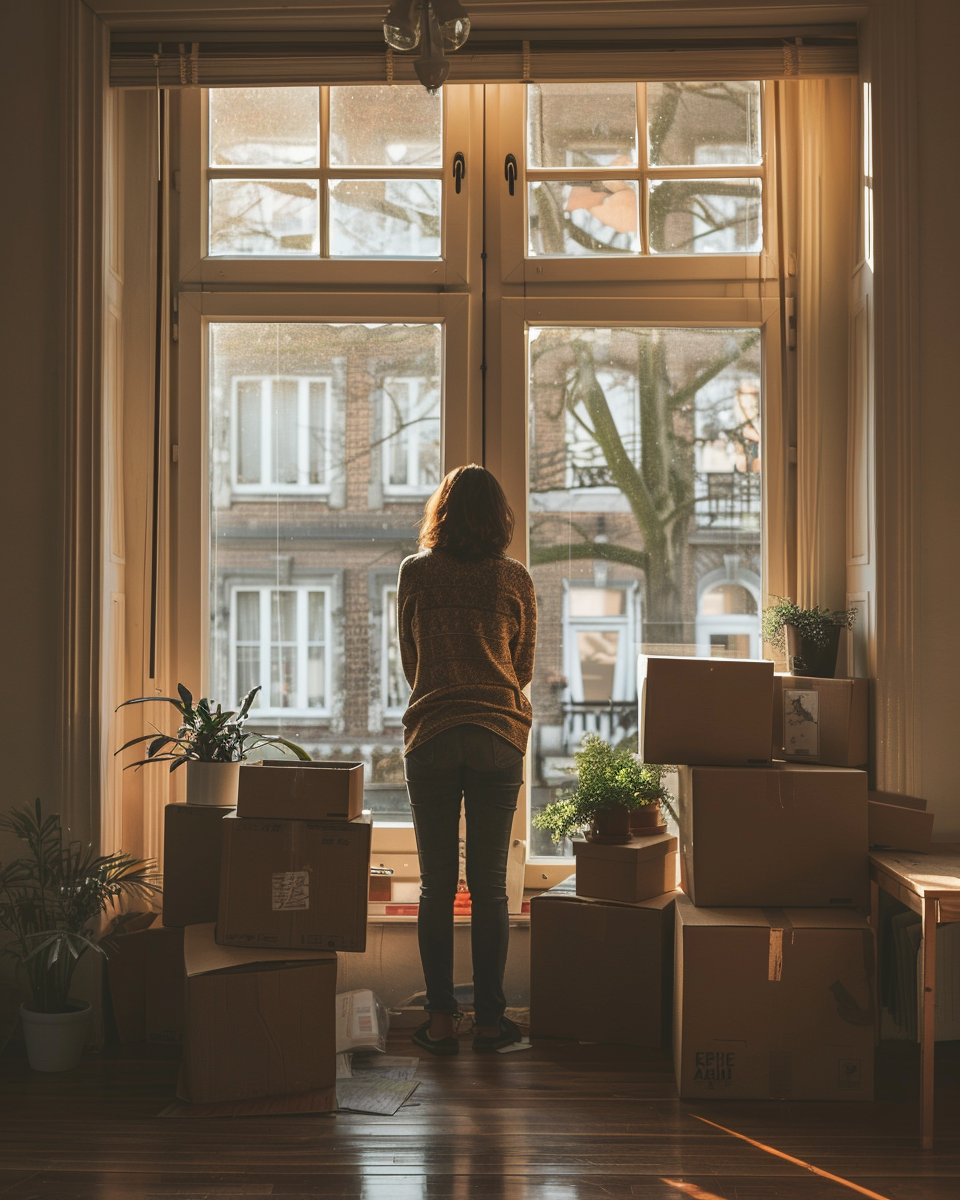Person looking out an apartment window with moving boxes nearby, representing common questions about starting life transitions therapy