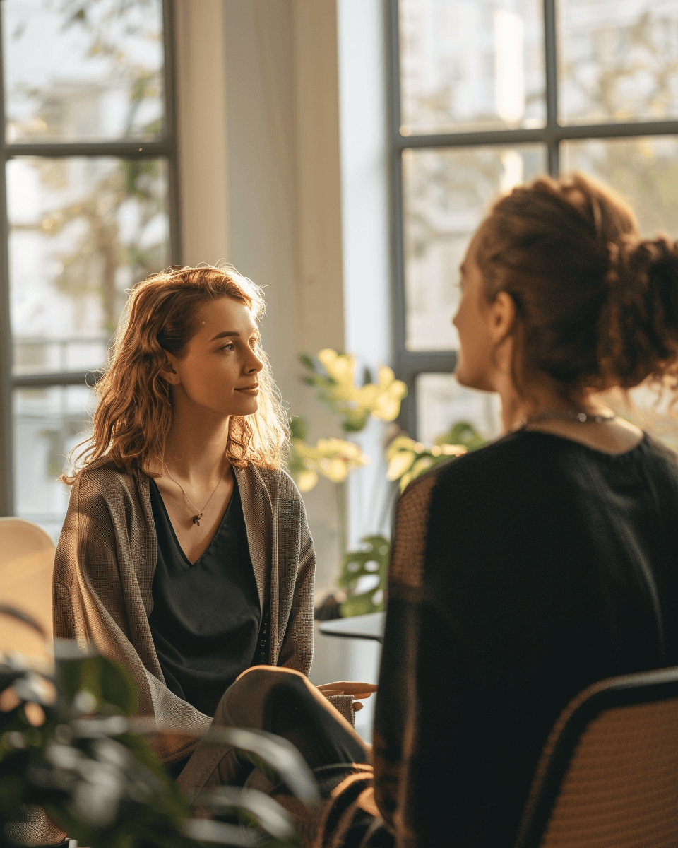 Therapist and client having a calm conversation during an online anxiety therapy session at Rhythm Wellness New York