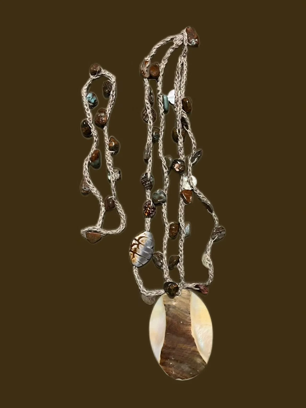 Irregular Jade & Mother-of-pearl Rain-retted Linen Necklace