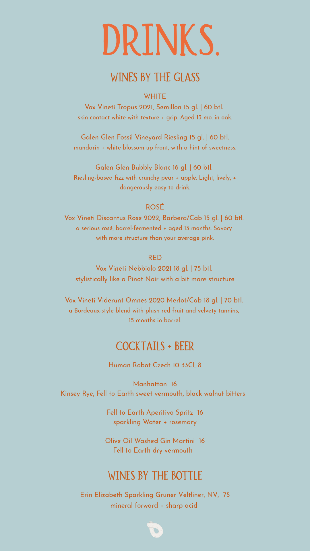 Taralli full bar drinks menu with local Pennsylvania wines by the glass and bottle, cocktails, and beer