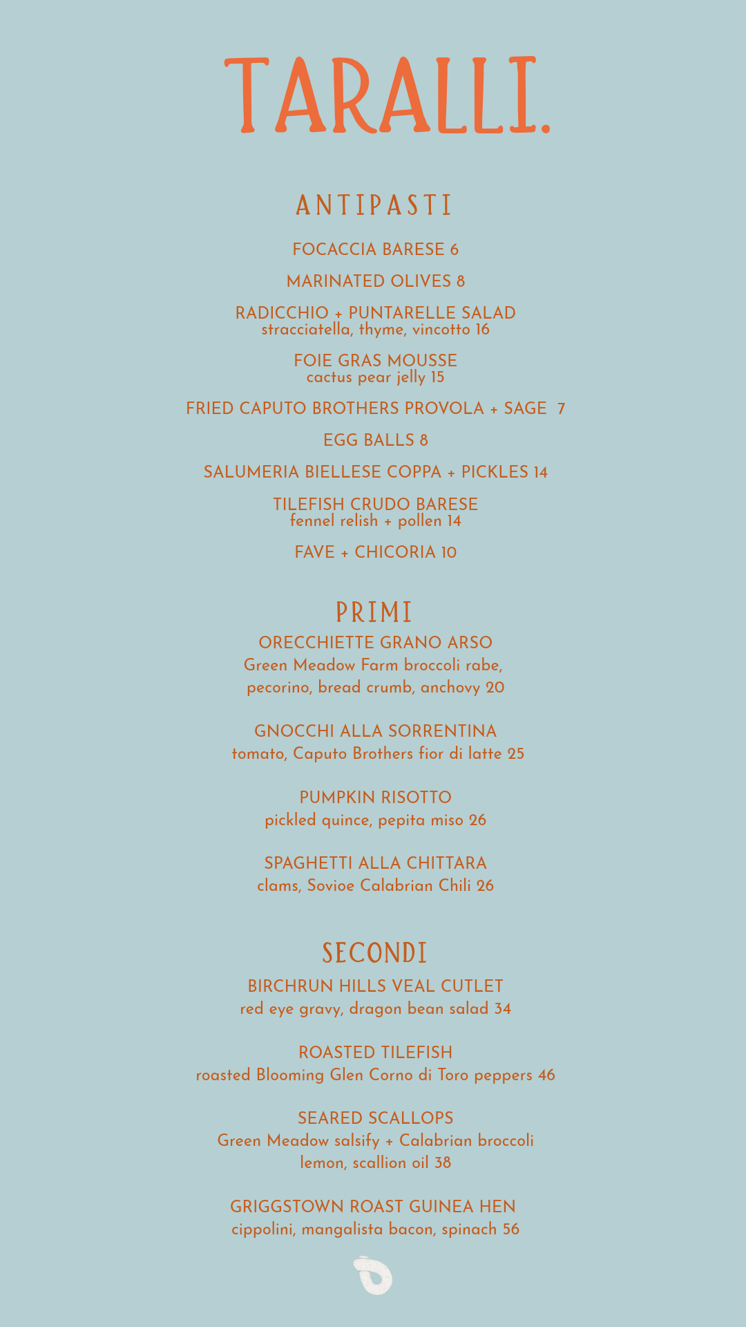 Taralli dinner menu in Yardley, PA, with seasonal Puglia-inspired antipasti, primi, and secondi