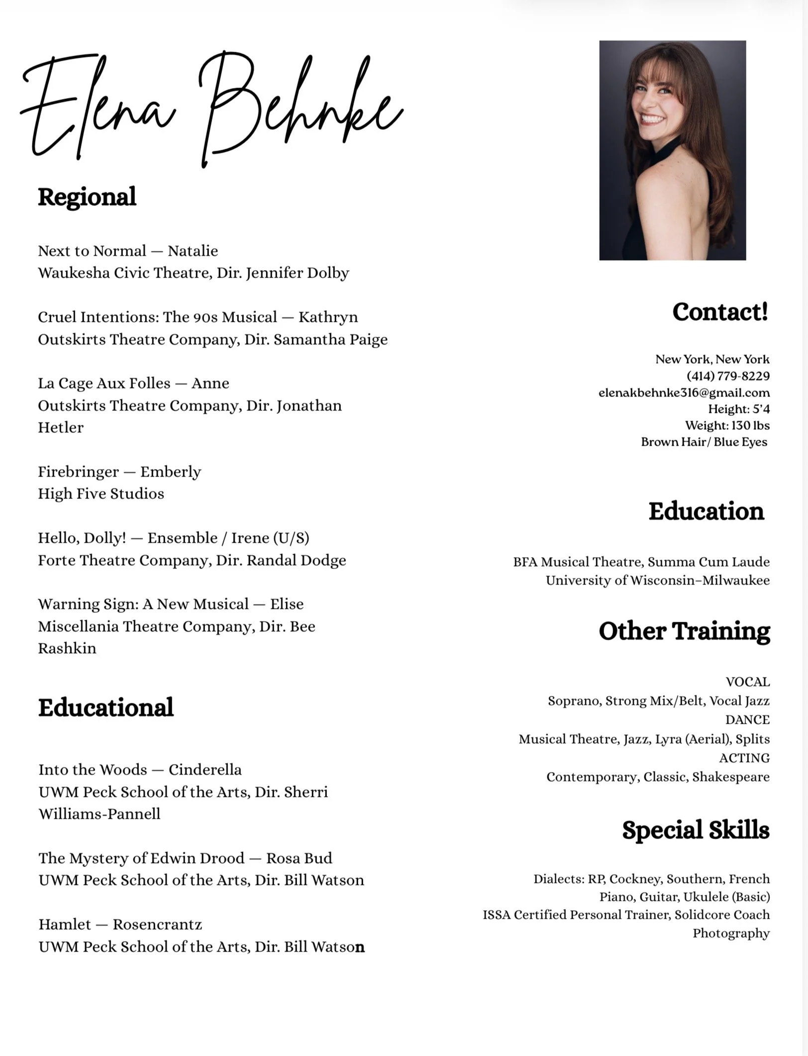 A resume or curriculum vitae document with details such as name Elena Behnke, contact information, education, training, special skills, and a photograph of a smiling woman with long brown hair.
