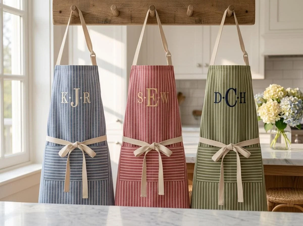 Custom Monogrammed Stripe Apron, Personalized 3 Letter Embroidered Apron