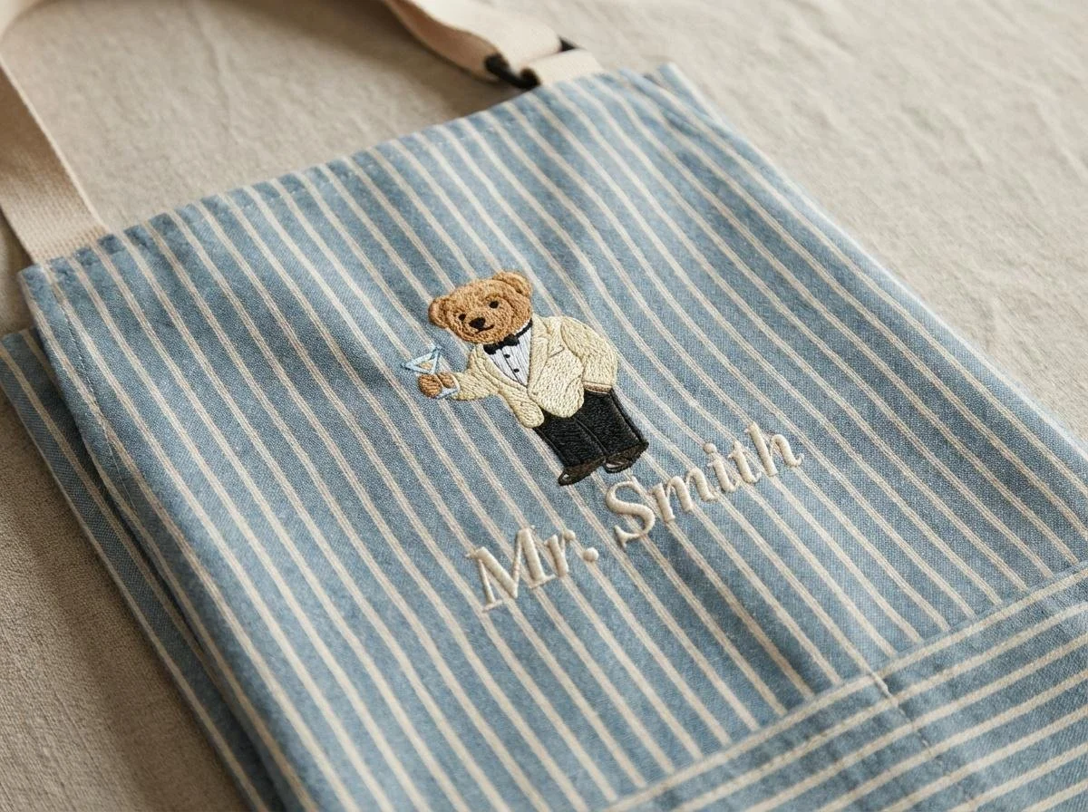 Personalized Hand Embroidered Apron with Tuxedo Bear, Custom gift for Cooking, Baking, or Craft Lovers, Martini Bear, Optional Customization