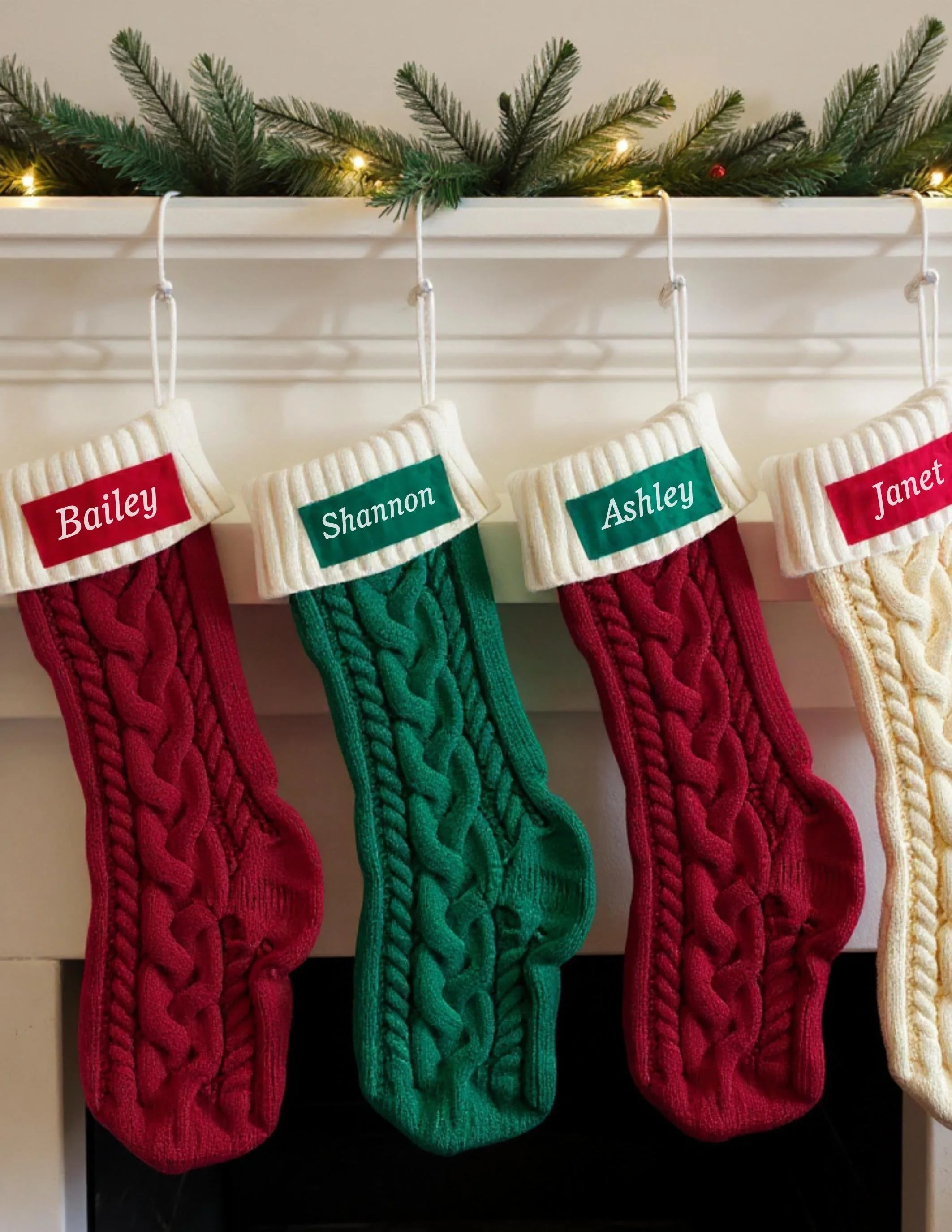Christmas stockings with personalized name tags hanging on a white mantle, decorated with green pine branches and small yellow lights.