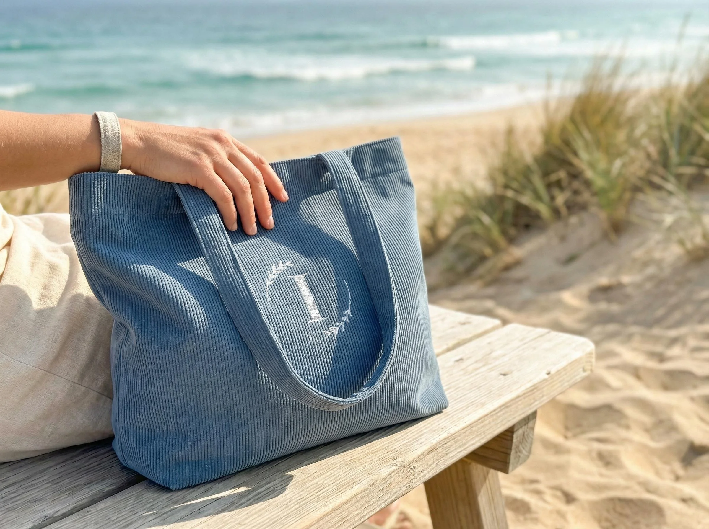 Blue striped beach bag resting on a wooden bench at the beach with ocean waves and sandy shore in the background.