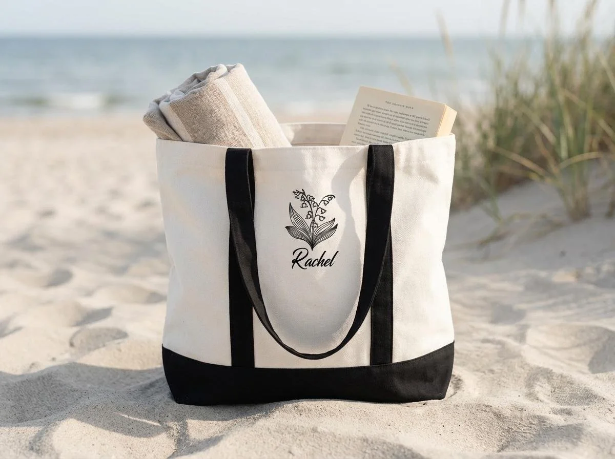 A white tote bag with black straps and bottom, sitting on the sandy beach with ocean and grass in the background. The bag has a floral logo with the name 'Rachel' printed underneath. Inside the bag, there is a beige towel and an open book.