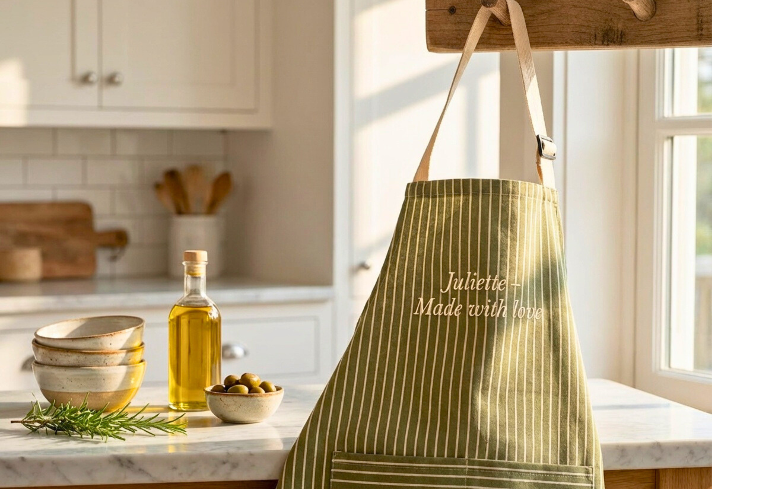 Kitchen with a white countertop, a bottle of olive oil, a sprig of fresh herbs, a bowl of olives, and ceramic bowls. A green striped apron with white embroidery reading "Juliette Made with love" hangs from a hook. Sunlight streams through a window.
