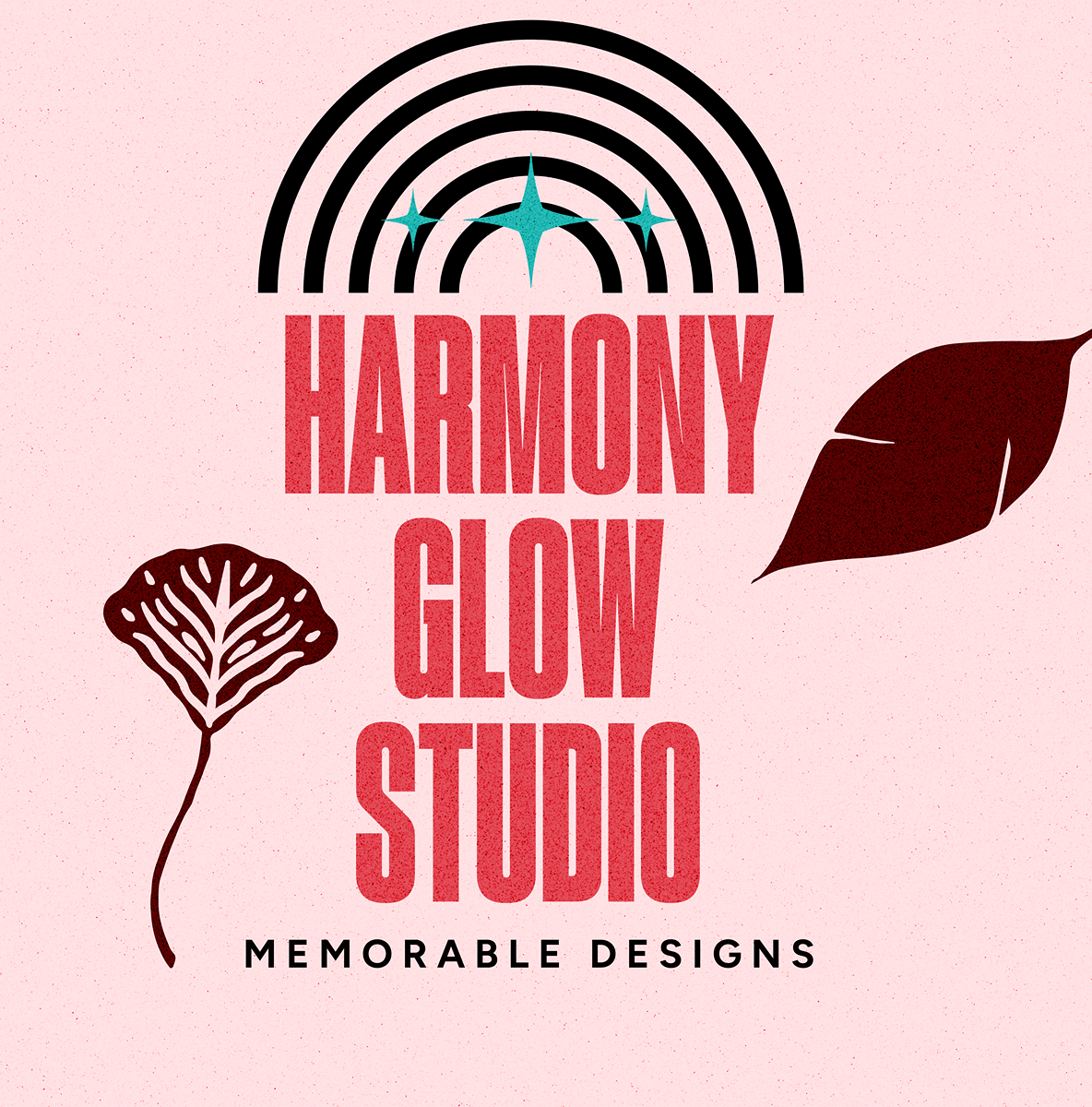 Design for Harmony Glow Studio featuring a rainbow, star, leaf illustrations, and text that reads"HARMONY GLOW STUDIO MEMORABLE DESIGNS" on a pink background.