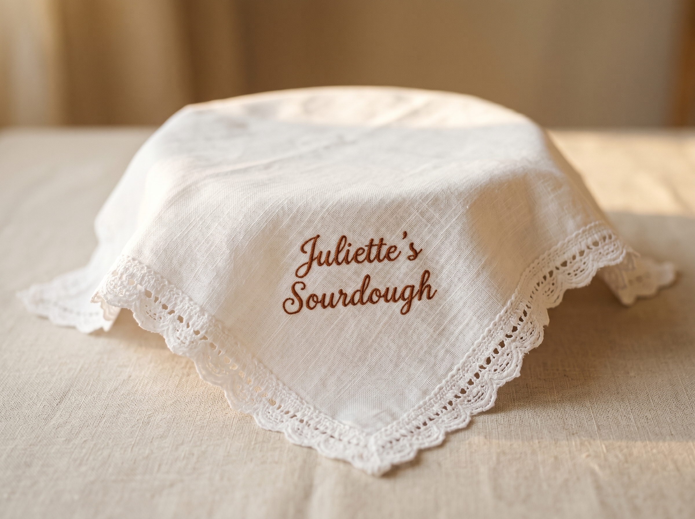 A white decorative cloth with embroidered text reading "Juliette's Sourdough" and lace trim, draped over a surface, with a neutral background.