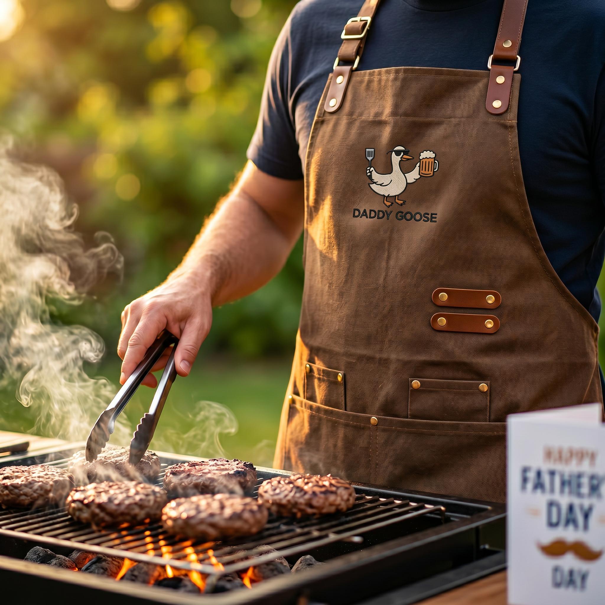 A person grilling burger patties on an outdoor barbecue with flames and smoke rising, wearing a brown apron with a duck holding a spatula and a beer mug, with a blurred outdoor background.