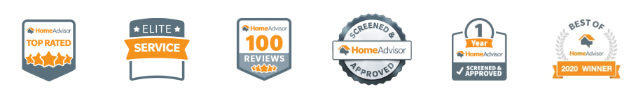 Six award and badge icons related to HomeAdvisor, including Top Rated, Elite Service, 100 Reviews, Screened & Approved, One Year Certified, and 2020 Winner badges.