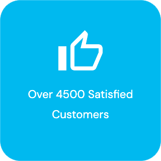 Blue square icon with a white thumbs-up symbol and text that reads "Over 4500 Satisfied Customers".