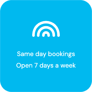 Blue background with white text and a Wi-Fi symbol, stating 'Same day bookings' and 'Open 7 days a week'.
