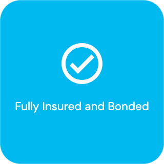 Blue square with a white checkmark in a circle and the text 'Fully Insured and Bonded'