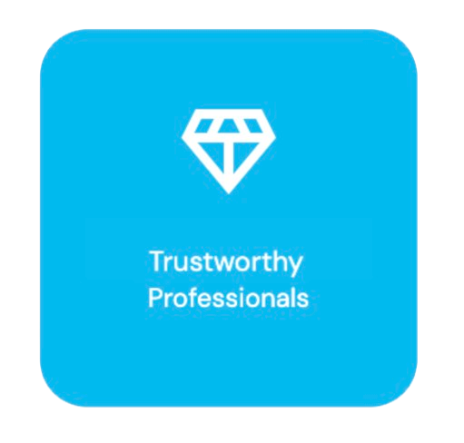 Blue square logo with a white diamond icon and the text 'Trustworthy Professionals'.