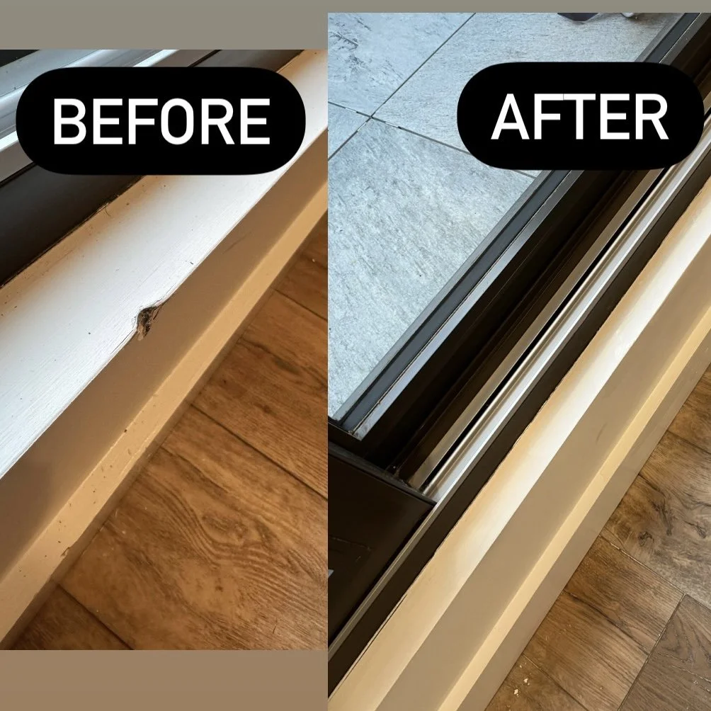 Before-and-after comparison of a door threshold strip. The 'before' side shows a damaged, dirty threshold with a small crack. The 'after' side shows a new, clean, and properly aligned threshold strip, with a sliding door and a tiled floor outside.