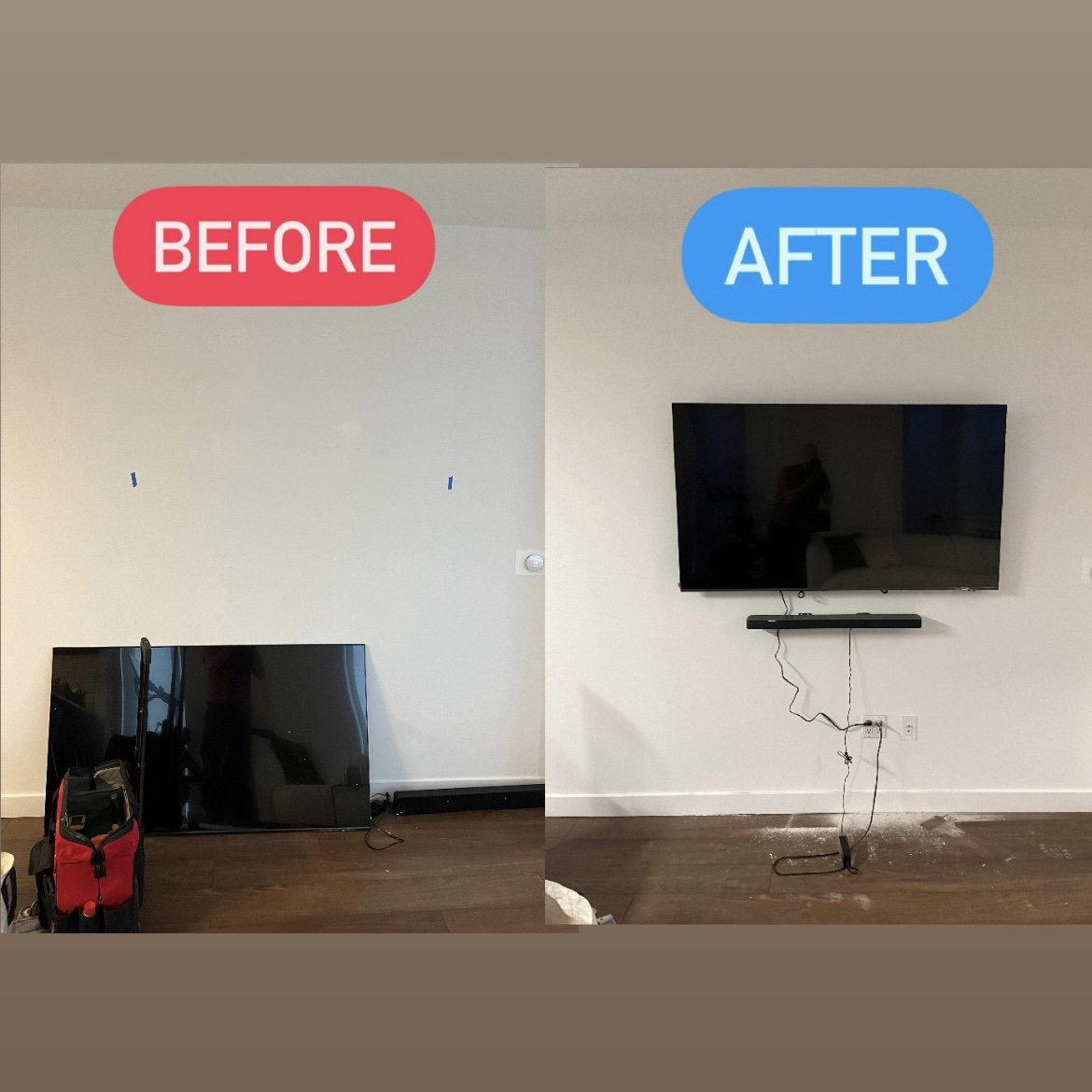 Comparison of a wall before and after mounting a flat-screen TV, with the left side labeled 'BEFORE' showing an empty wall and the right side labeled 'AFTER' showing the TV mounted on the wall with visible wires.