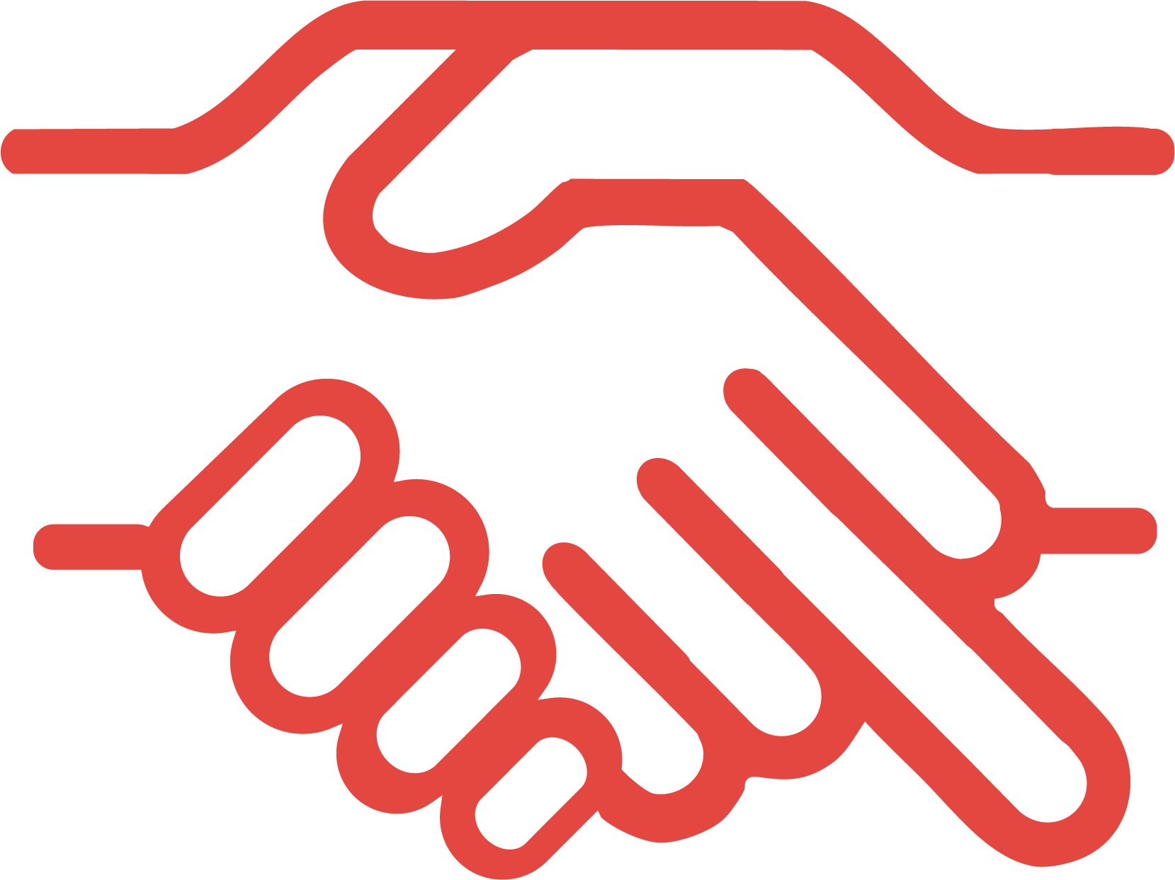 Line drawing of two hands shaking, outlined in red against a black background.