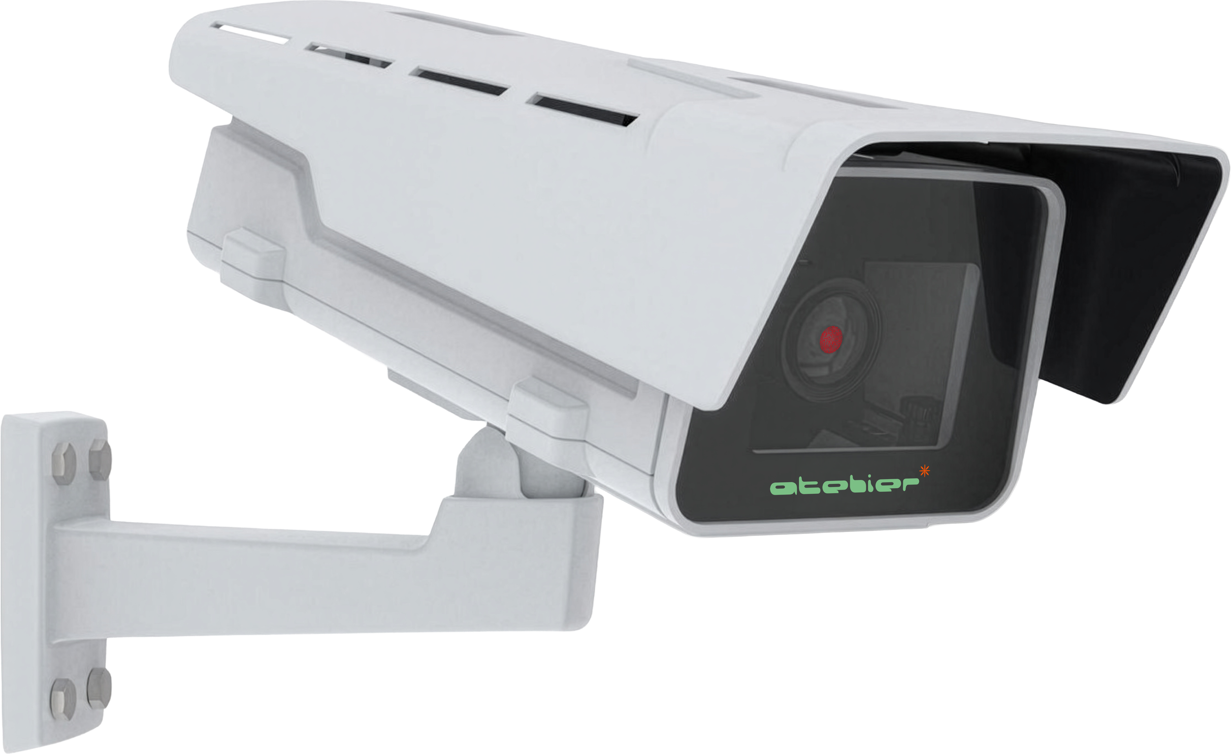 A white security camera with a black front, mounted on a white bracket, displaying the brand name 'Atelier' on the side.