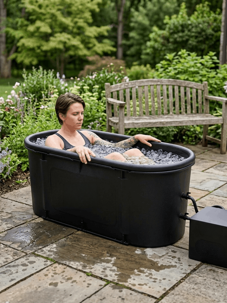A woman with short hair and tattoos, sitting in a portable black outdoor hot tub on a stone patio, surrounded by green bushes and trees, with a wooden garden bench nearby.
