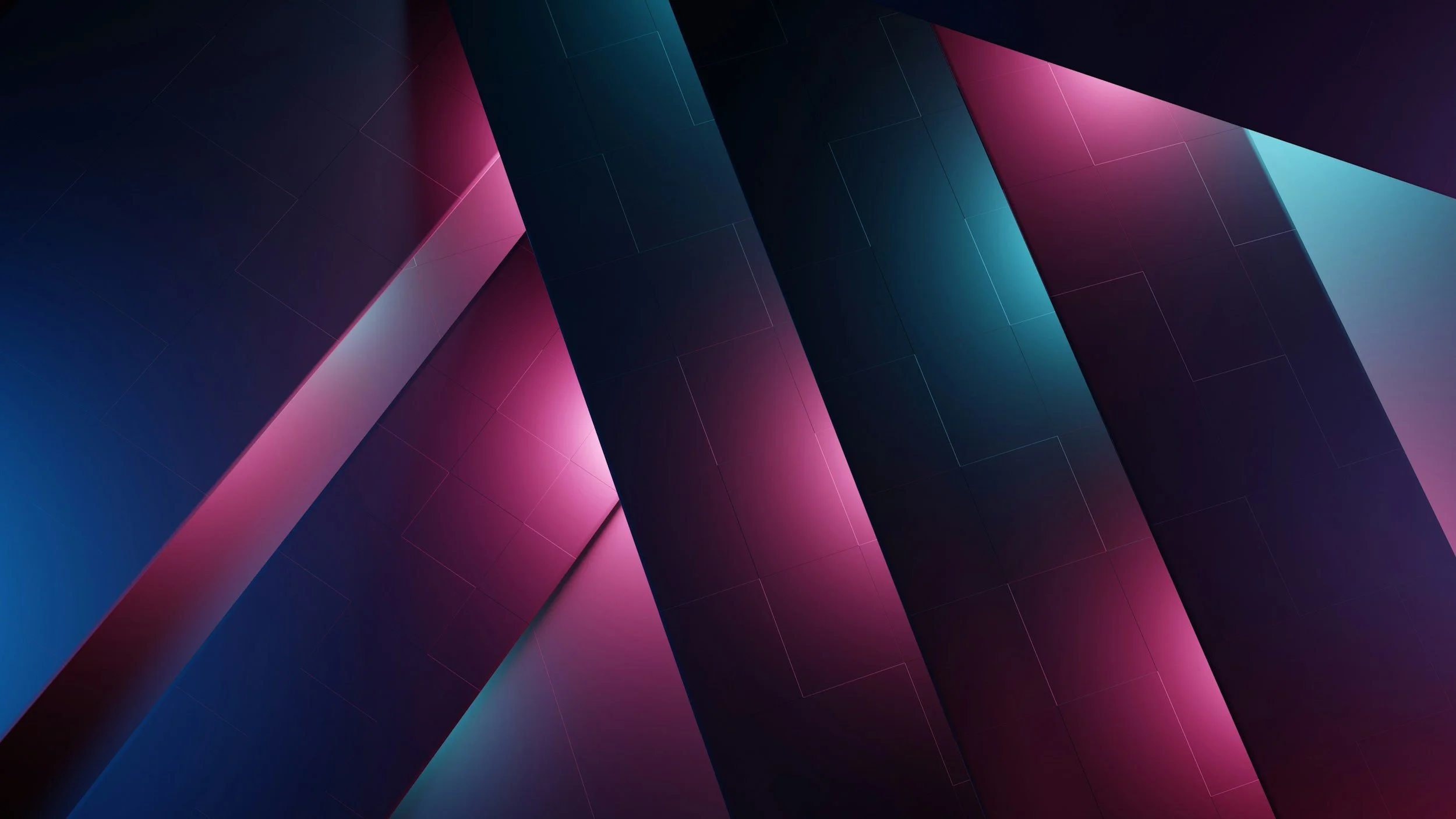 Abstract digital artwork with dark background and intersecting diagonal bands in shades of pink, purple, blue, and teal, creating a geometric pattern.