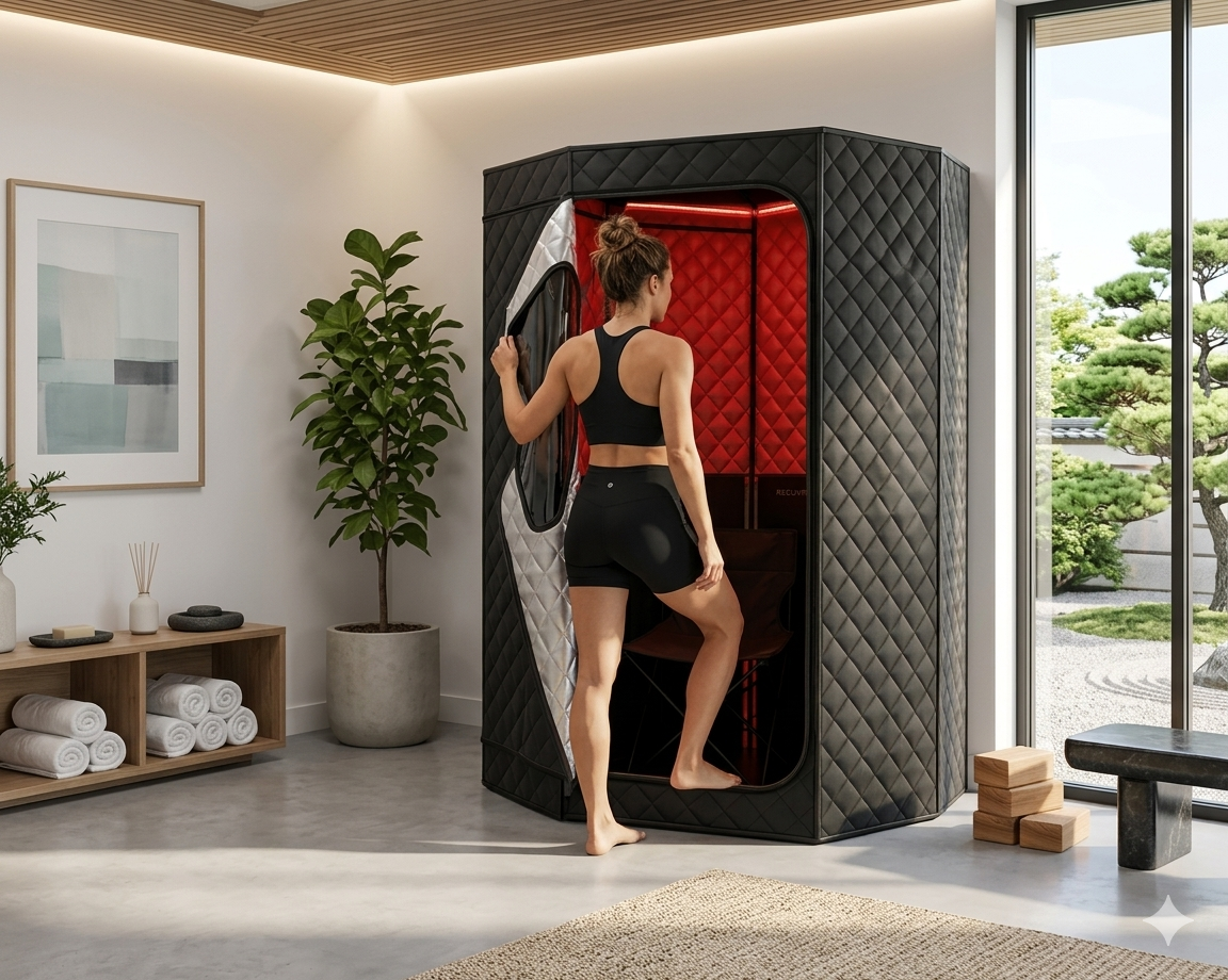 A woman standing inside a red and black infrared sauna in a modern, minimalistic room with large windows, potted plant, and rolled towels.
