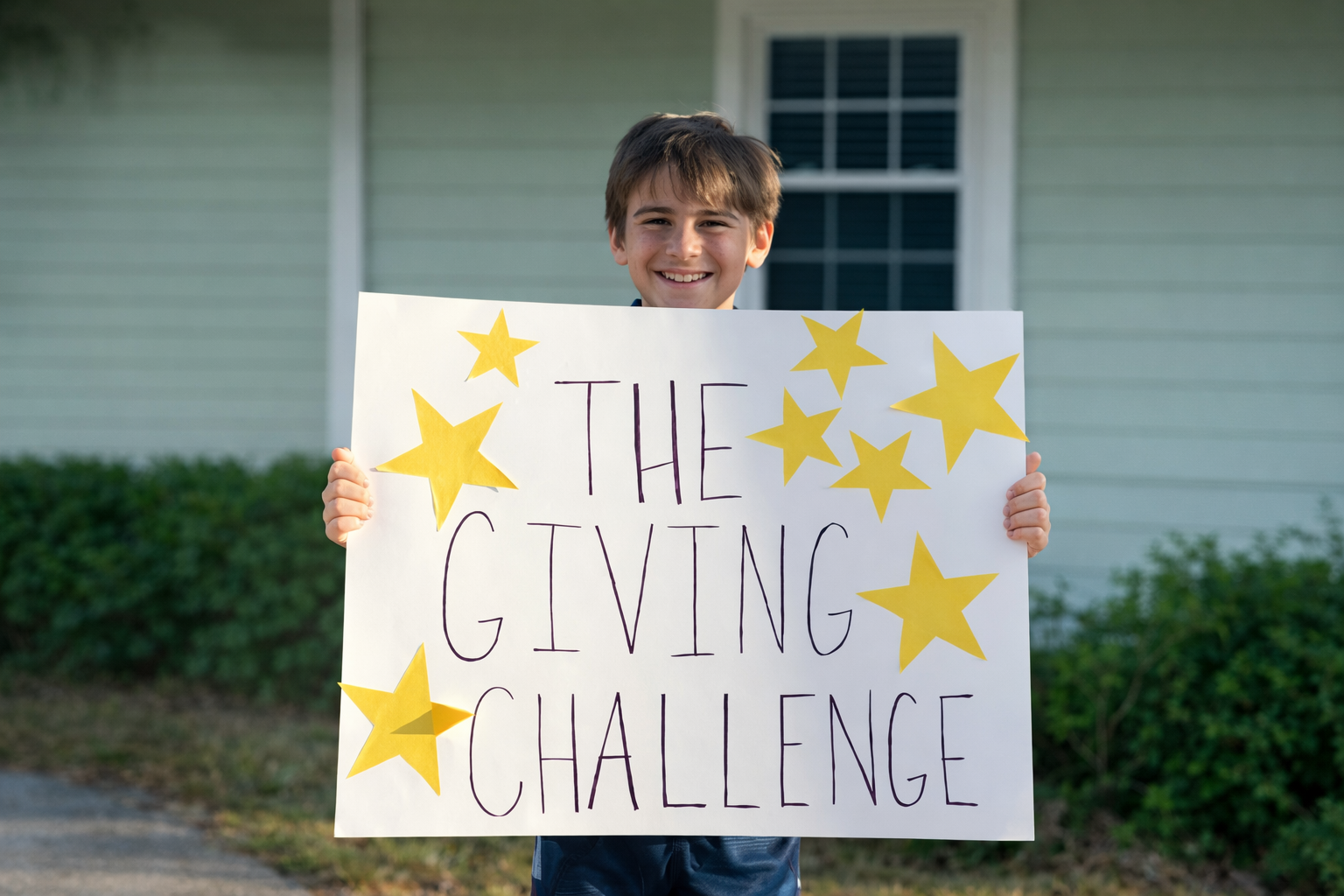 A young boy smiling and holding a sign that reads 'The Giving Challenge,' decorated with yellow stars, standing outside in front of a house.