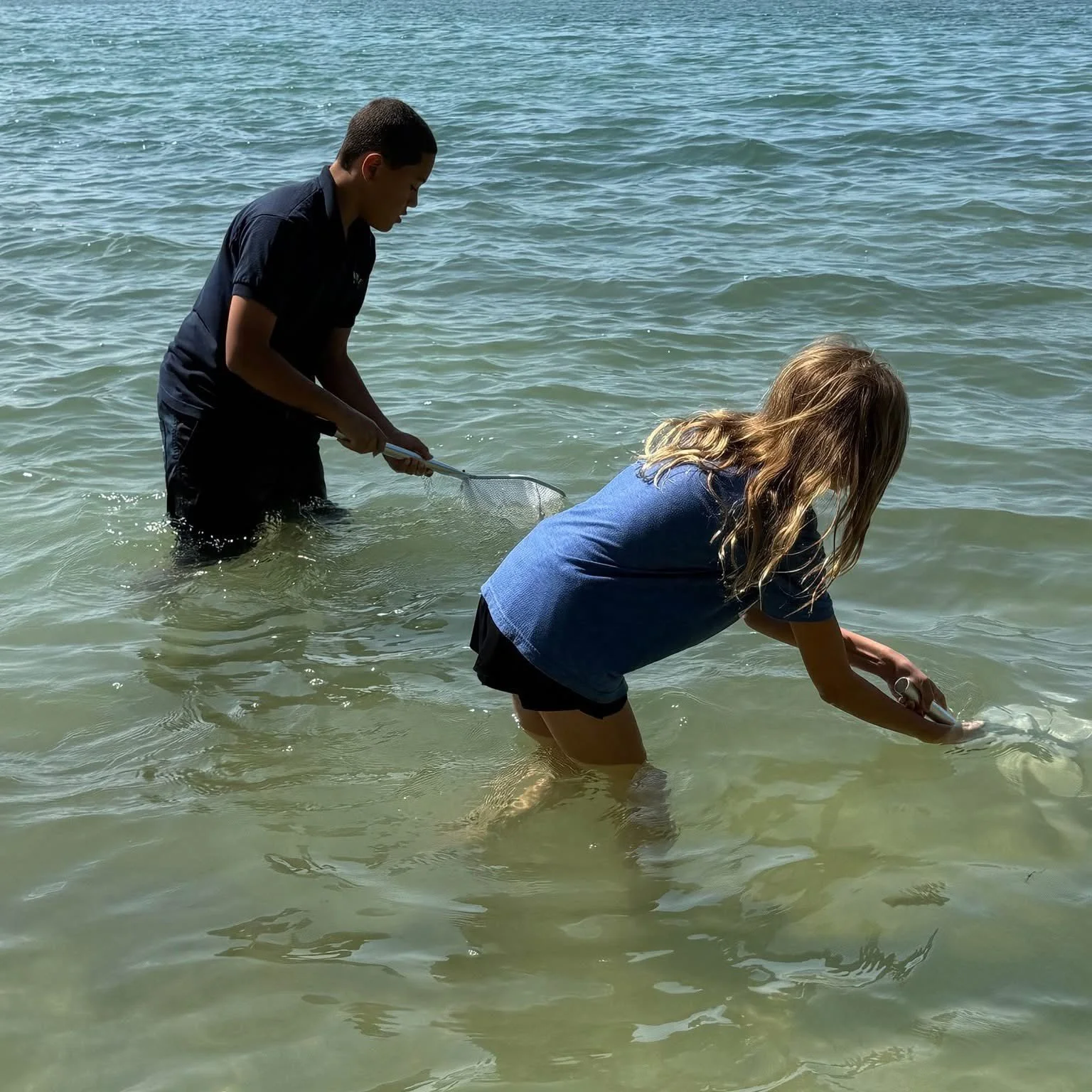 Two children in the water, one boy and one girl, are using nets to catch or examine something in the shallow ocean or lake.