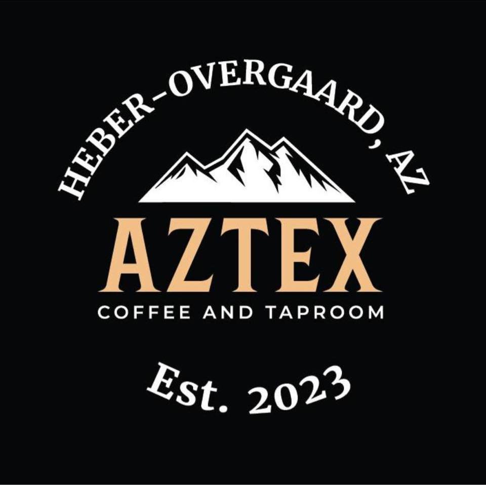 Logo for Aztex Coffee and Taproom featuring a mountain graphic, the name 'Aztex,' and text indicating the location 'Heber-Overgaard, AZ' and establishment year 2023, on a black background.