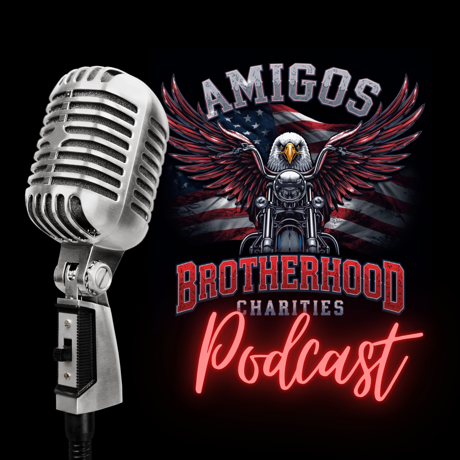 A microphone on the left side with a background showing a Harley-Davidson motorcycle eagle logo with the American flag and the words "Amigos Brotherhood Charities Podcast" in stylized text.