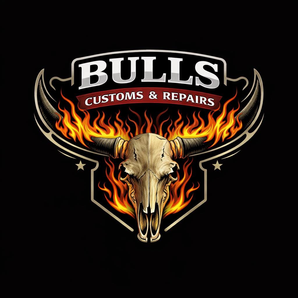Logo for Bulls Customs & Repairs featuring a bull skull with horns surrounded by flames against a black background.