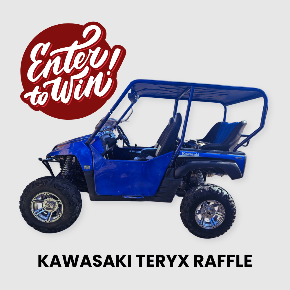 Blue Kawasaki Teryx off-road vehicle with a red and white 'Enter to Win' sign and black text 'Kawasaki Teryx Raffle' on a white background.
