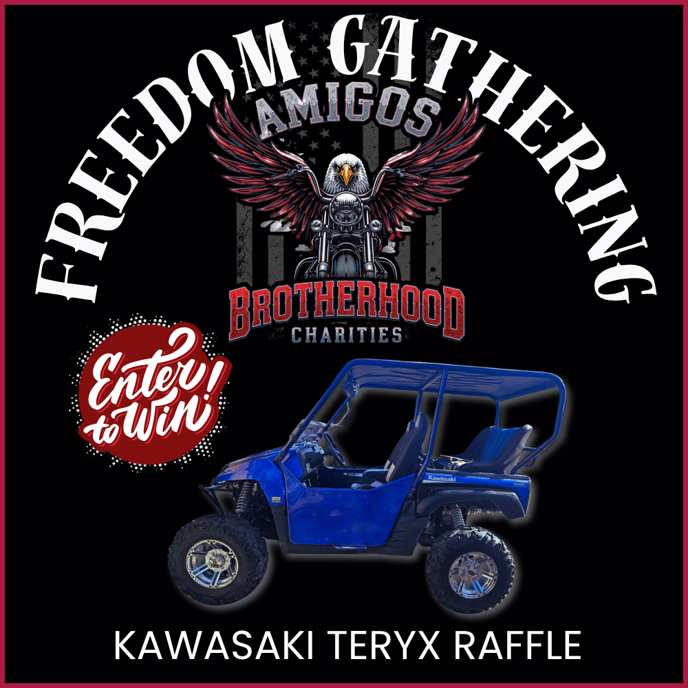 Poster for a charity event with the theme 'FREEDOM GATHERING'. Features a bald eagle on a motorcycle, a blue utility vehicle, and text promoting entering to win a Kawasaki Teryx. The event supports Brotherhood Charities.