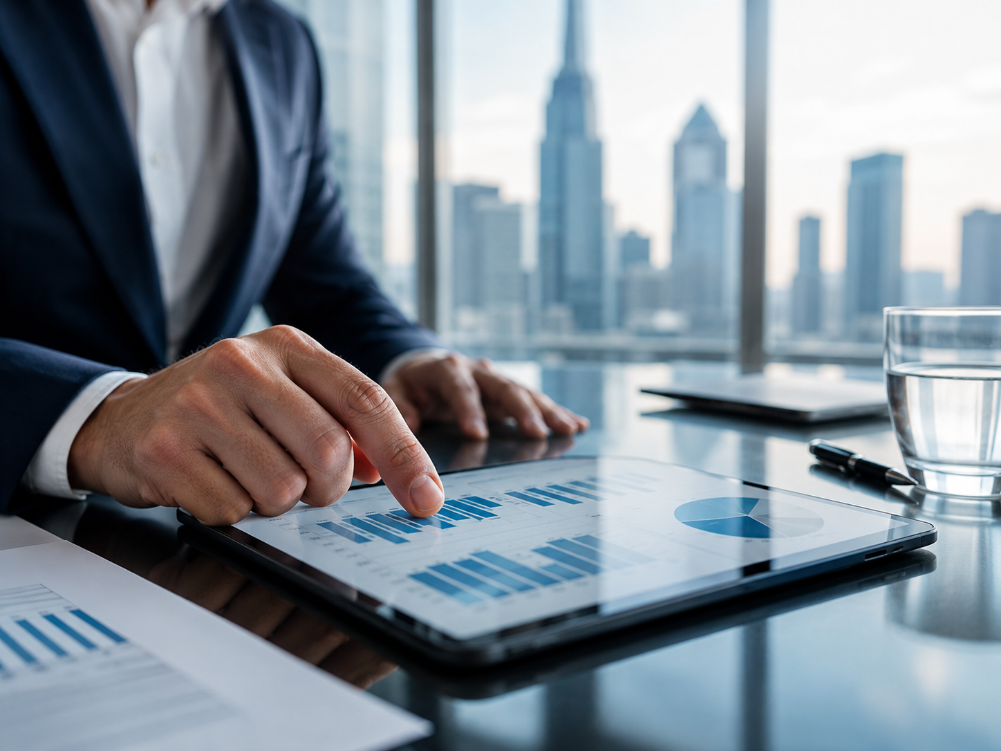 Person in a business suit sitting at a desk with documents, charts, a notebook, pen, smartphone, and a yellow mug, working on financial or business analysis.