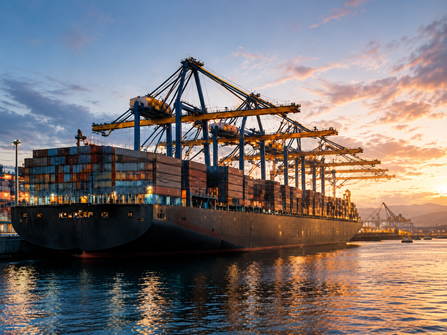 Large cargo ship docked at a port, loaded with stacked shipping containers, with cranes overhead, under a partly cloudy sky.