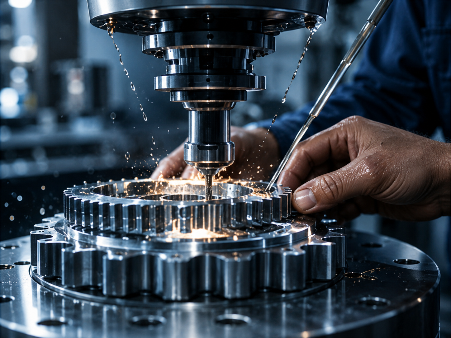 A person wearing a welding helmet and gloves is welding a metal piece, creating bright sparks in a workshop.