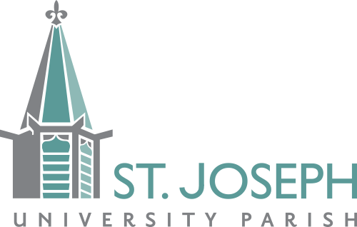 Logo for St. Joseph University Parish featuring a stylized church steeple with a cross at the top and the text 'St. Joseph University Parish'.