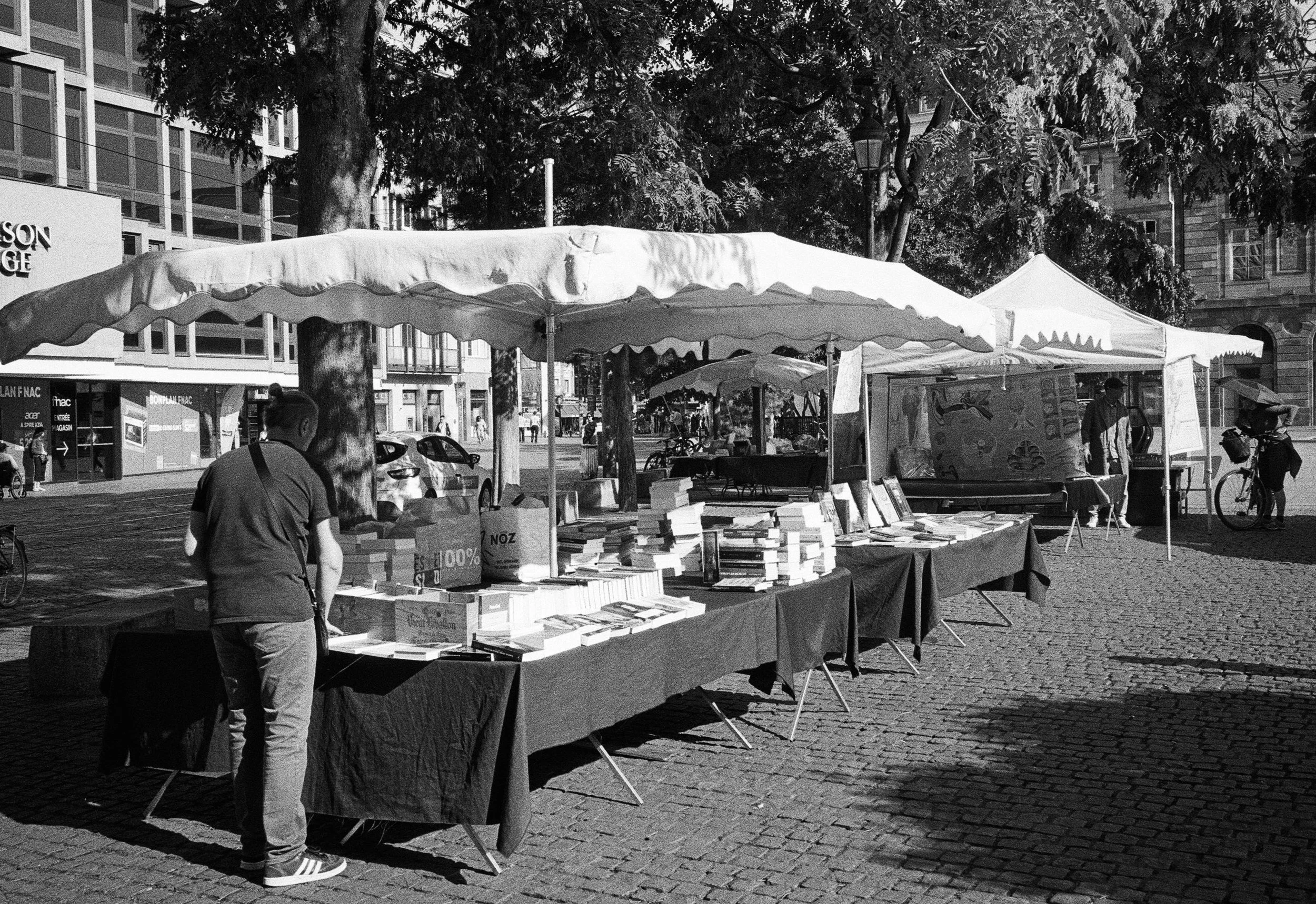 Outdoor book market with tables covered in books, set up under tents on a cobblestone street, with trees and buildings in the background, and people walking and cycling nearby.
