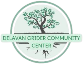 Logo of Delavan Grider Community Center featuring a tree with green leaves, a stylized person, and text.
