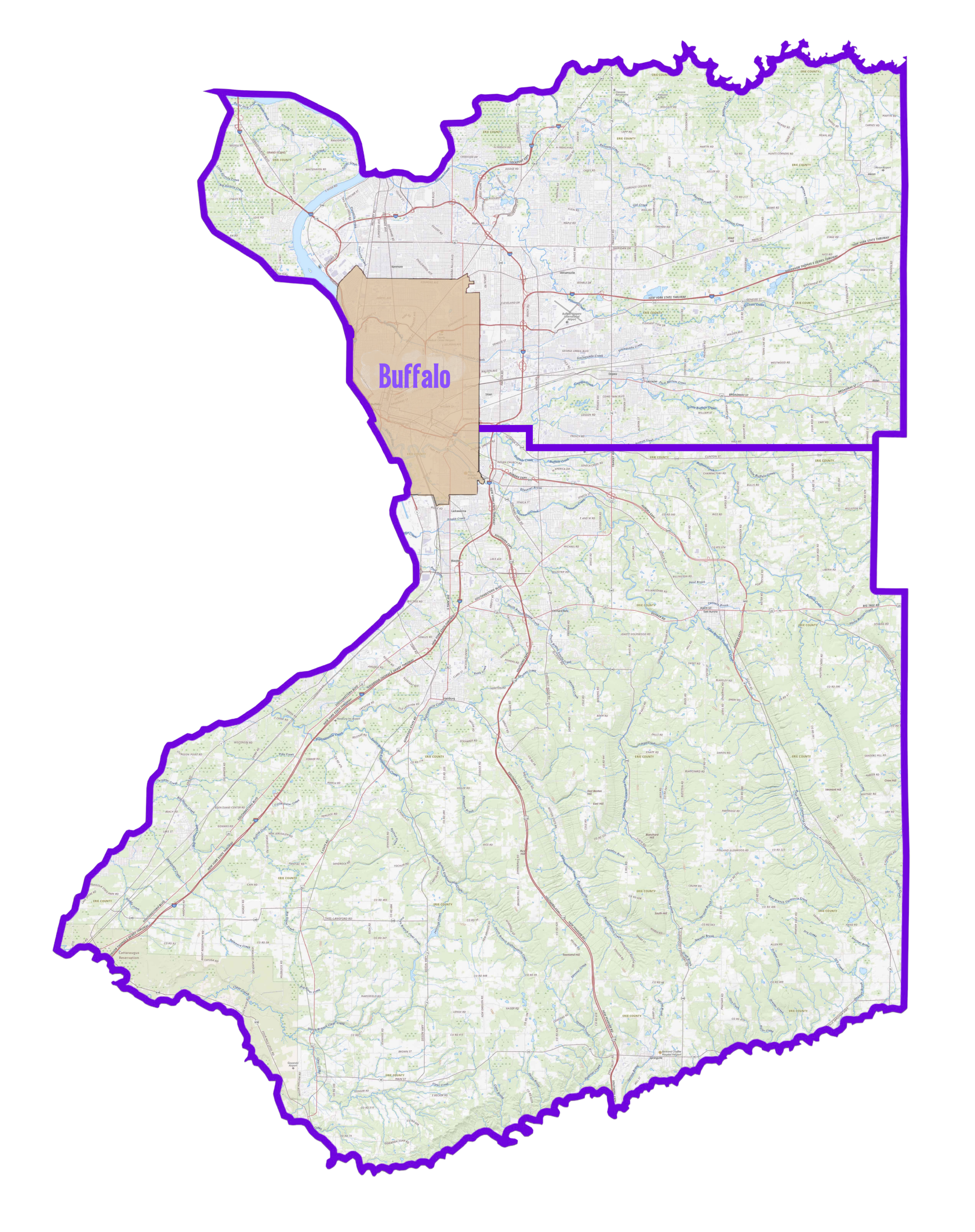 Map of the state of New York highlighting the Buffalo area, with the city name labeled in purple.