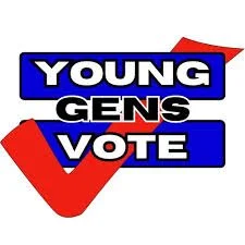 Graphic with the words 'Young Gens Vote' in bold capital letters, featuring a red checkmark.