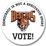 Circular sticker with orange and black Cincinnati Bengals logo and the words 'Democracy is not a spectator report. VOTE!'