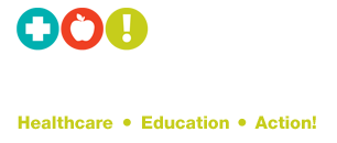 Icons of a medical cross, an apple, and an exclamation mark at the top. Below, text that is blurred and unreadable.