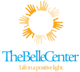 Logo for The Belle Center with a stylized sun and the slogan 'Lifting a positive light' in blue and orange text.