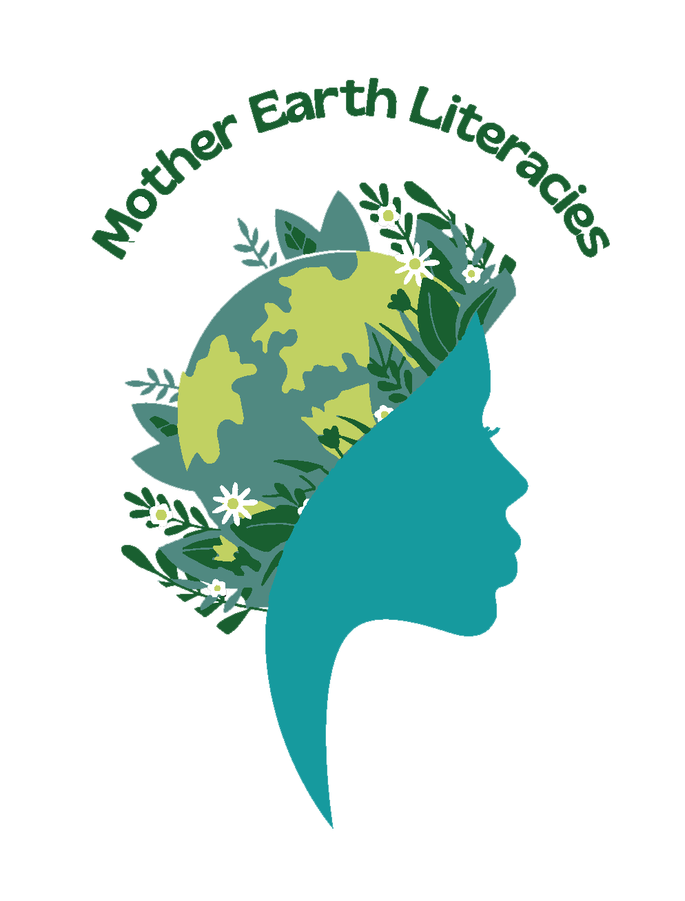 A graphic logo featuring a silhouette of a woman's profile with a head filled with a depiction of Earth and greenery, surrounded by flowers and leaves. The text 'Mother Earth Literacies' is curved above the illustration.