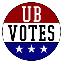 Round political button with red, white, and blue sections reading ‘UB VOTES’ and featuring three white stars at the bottom.