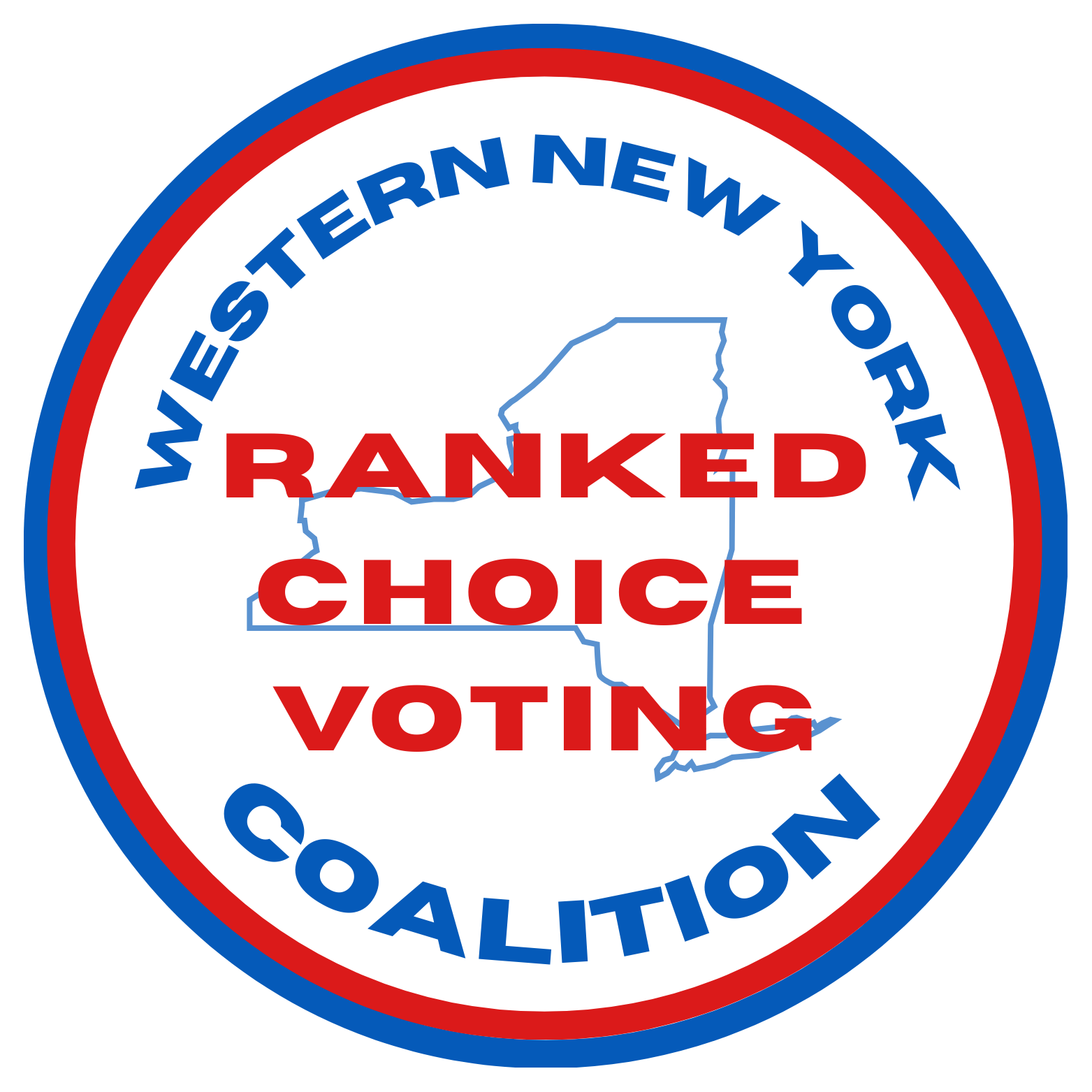 A circular logo with red and blue borders from the Western New York Ranked Choice Voting Coalition, featuring an outline map of the state of New York in blue, and overlaid text in red and blue indicating support for ranked choice voting.