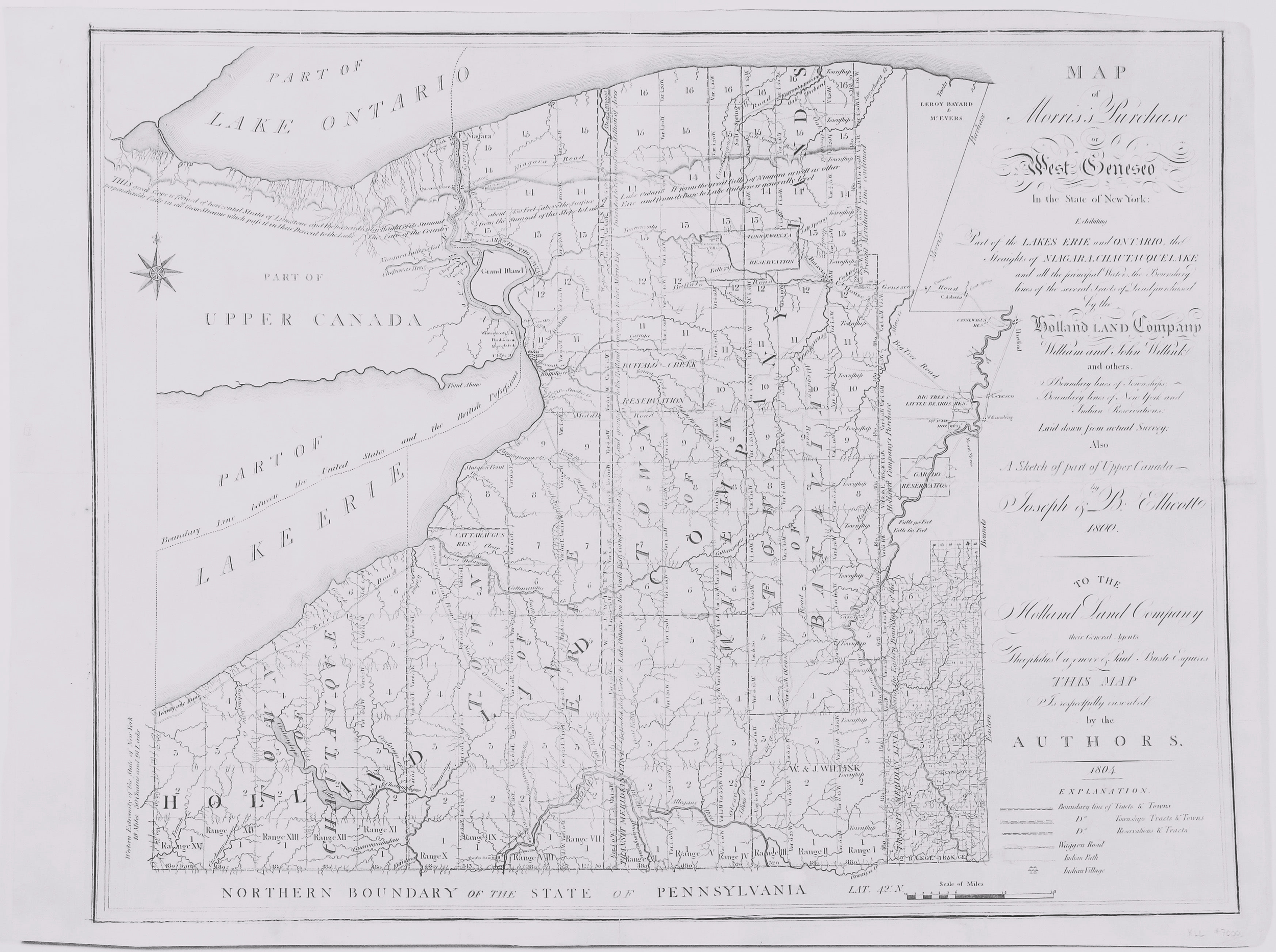 Map of the western part of the County of West Seneca, New York, dated 1840, showing lakes, land divisions, ranges, and boundaries.