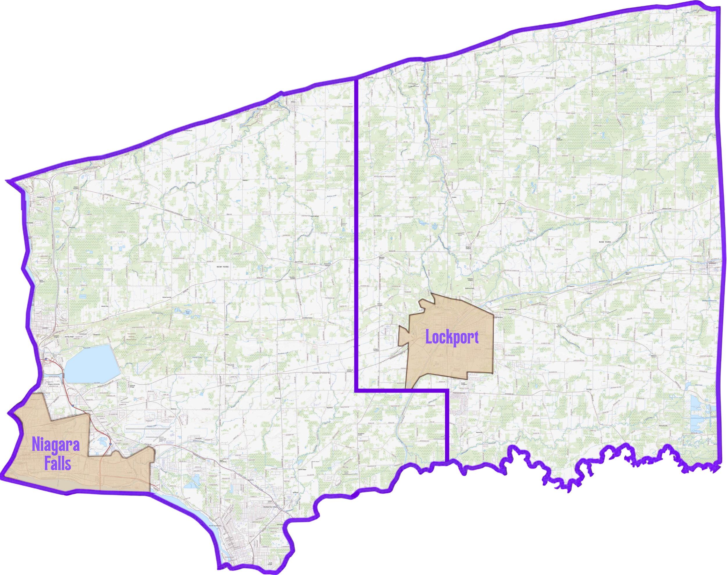 Map of New York with highlighted areas showing Lockport and Niagara Falls.